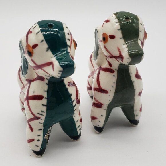 Napco 1970s Patchwork Green White Red Dog Salt and Pepper Shakers - Picture 1 of 10